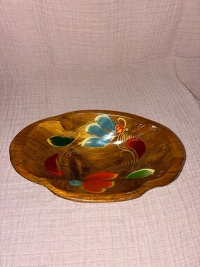 Hand-Painted Mexican Batea Wooden Decorative Bowl with Floral Motif